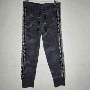 Victoria’s Secret PINK Bling Silver Sequin Jogger Sweat Pants Black Gray Camo M